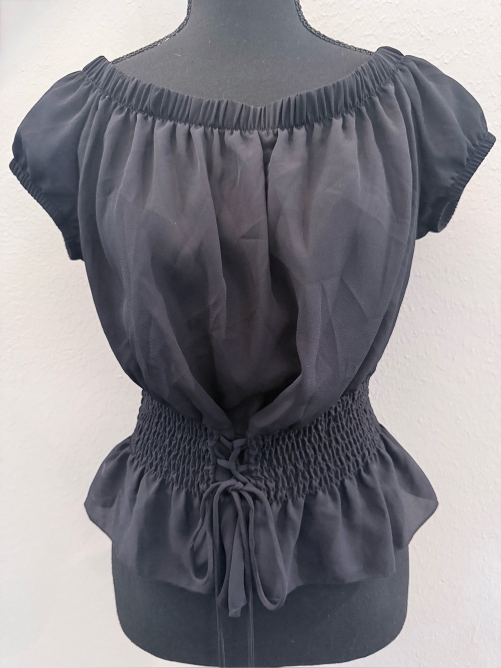 Ultra Flirt Black Off-Shoulder Smocked Tie-Waist Blouse